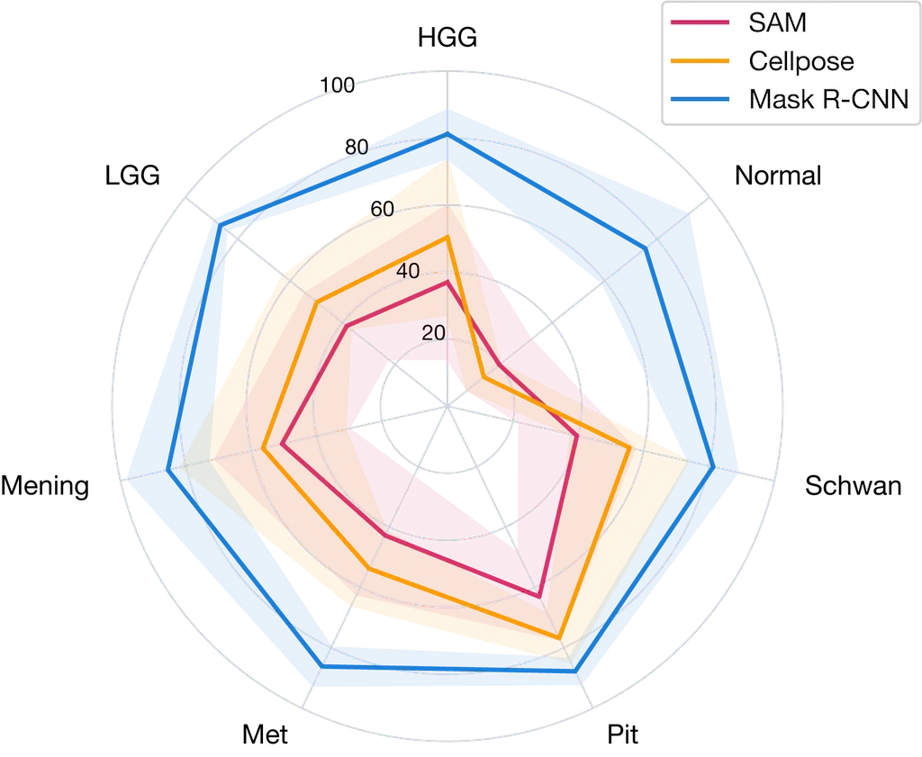 Nuclei instance segmentation metrics per tumor type